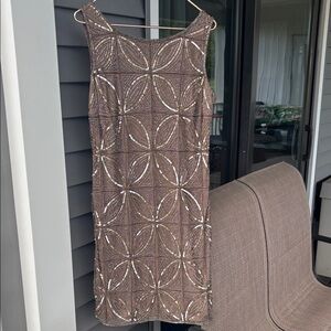 Vintage Elegant Sparkly Taupe Dress with Beaded Overlay.